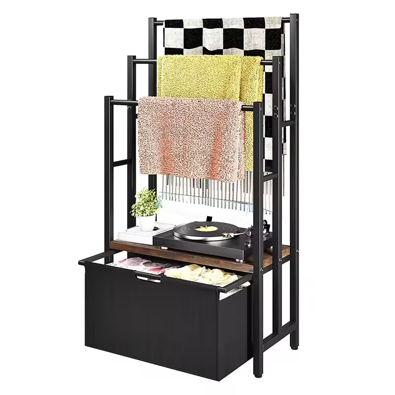 3-Layer Freestanding Indoor/Outdoor Metal Towel Rack with 2 Detachable Storage Baskets and 6 Hooks Also Features Blanket Rack