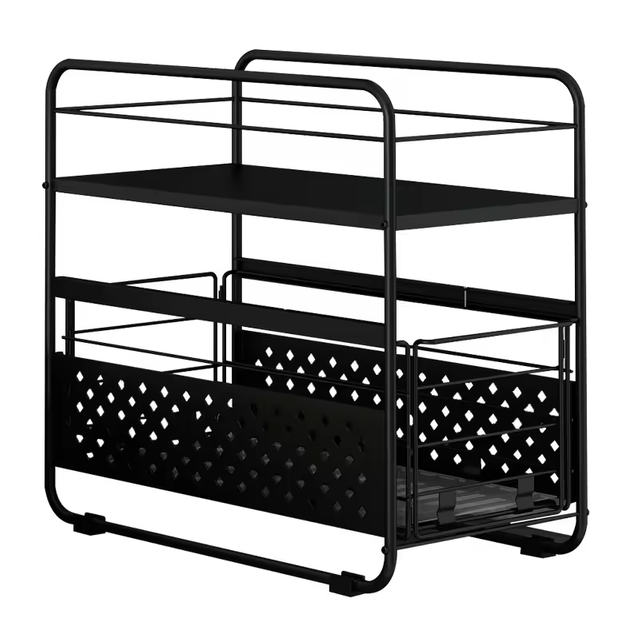 Manufacturer Customization Kitchen Countertop Double Tier Non-folding Storage Rack Black Carbon Steel Multifunction Pull Sliding