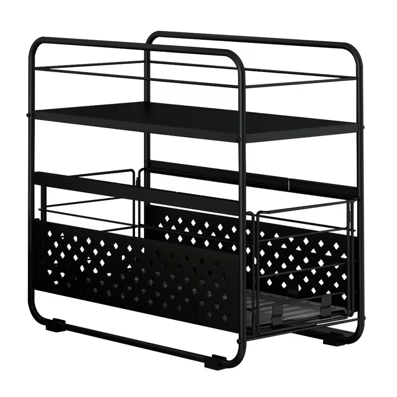 Manufacturer Customization Kitchen Countertop Double Tier Non-folding Storage Rack Black Carbon Steel Multifunction Pull Sliding