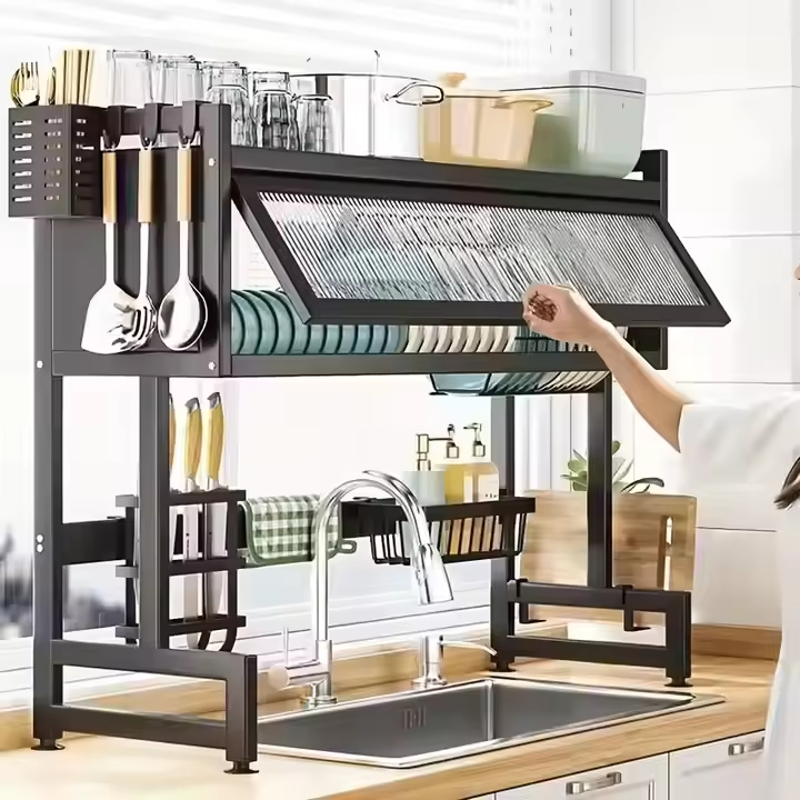 Custom Multi-Functional Double Kitchen Storage Rack Iron Sliding Organizer Cabinet Door Sink Dish Tray Counter Top Drain Rack