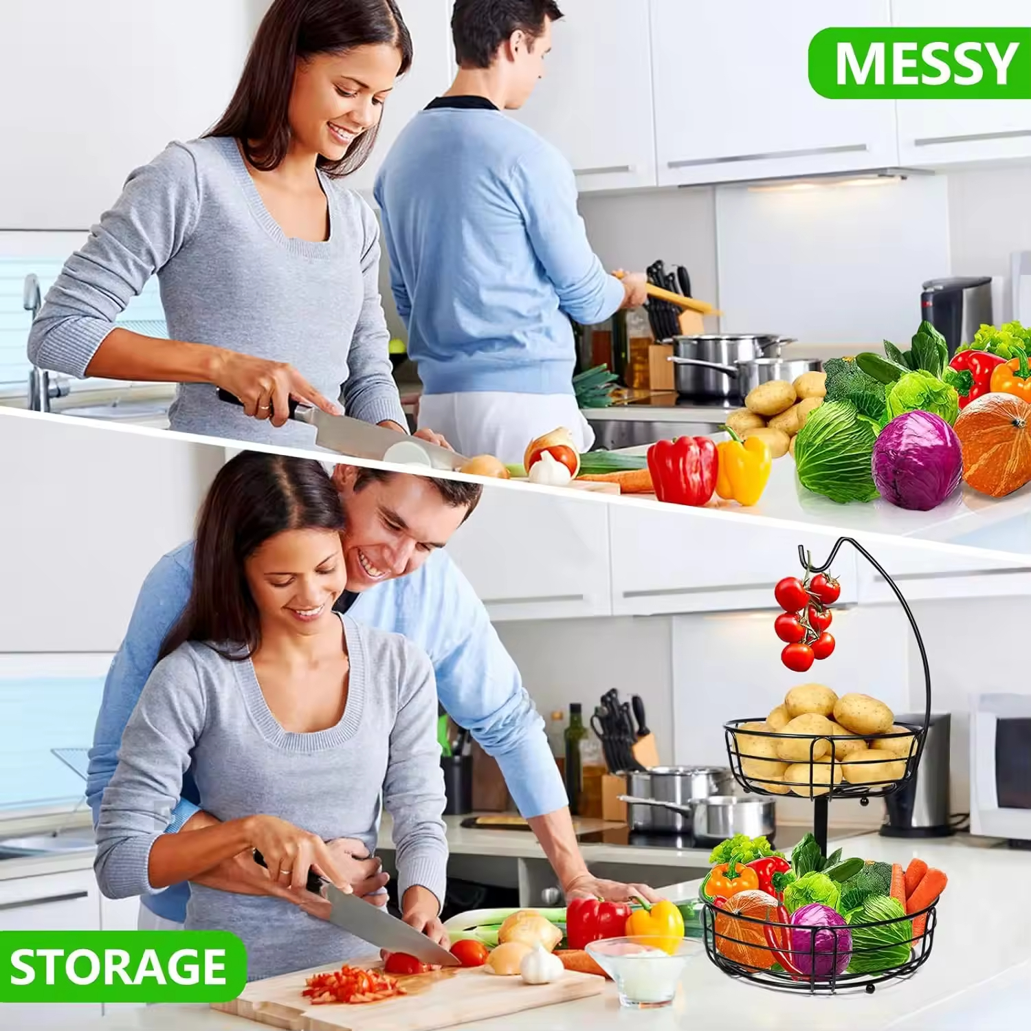 Custom 2 Tier Detachable High- Fruit Bowl With Banana Hanger for Kitchen Fruit Basket