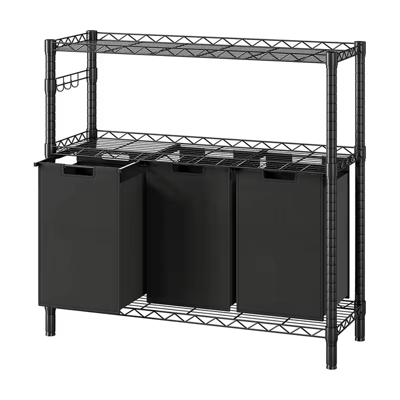 Factory Custom Bathroom Storage Metal Frame 3 Bags 2-tire Shelf Big-capacity Laundry Hamper