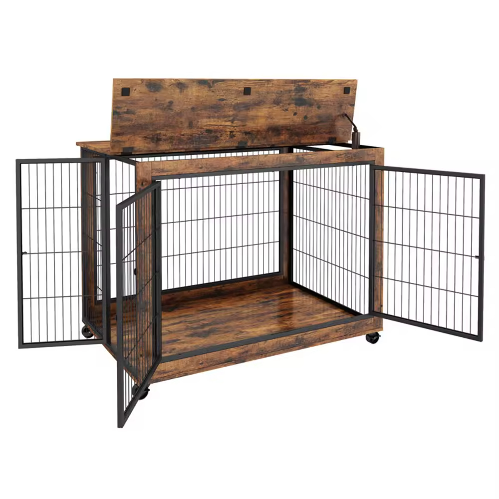 ODM&OEM Standing Type Dog Cage Crate Wooden Steel Furniture Style Double Doors with Wheels & Flip-up Top Opening for Tools Use