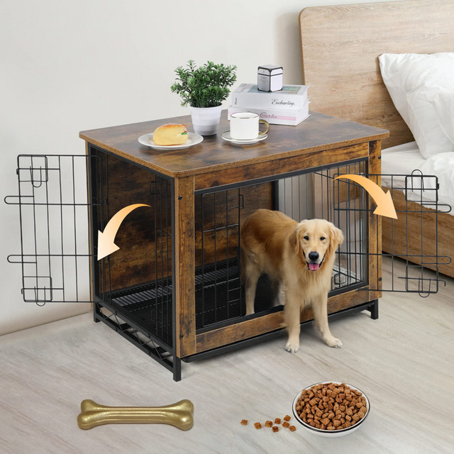 Heavy-Duty Wooden Dog Crate Furniture Indoor End Table Night Stand with Removable Tray Easy Standing Installation for Tools