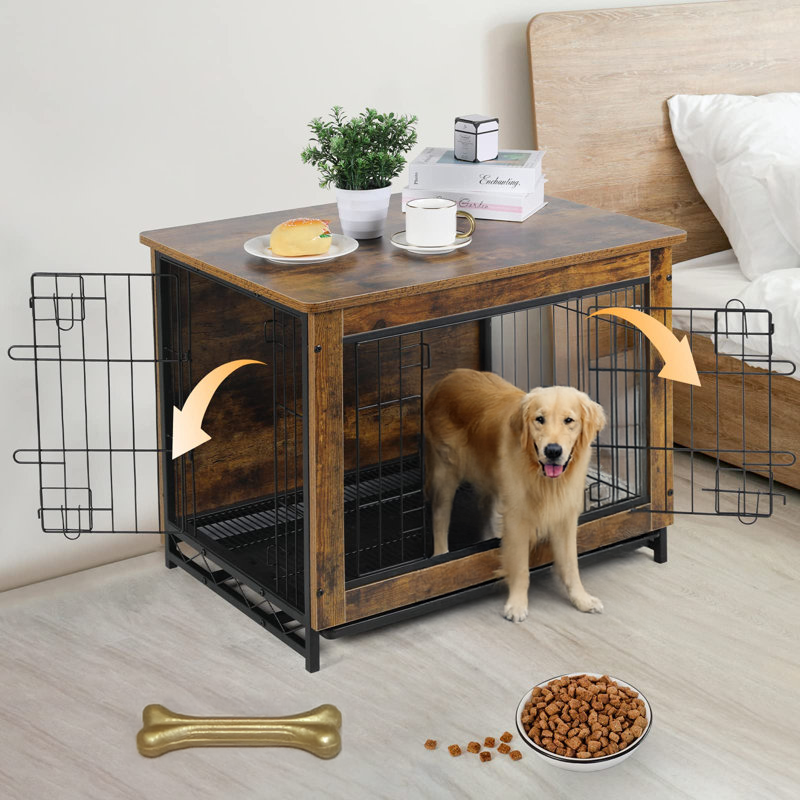 Heavy-Duty Wooden Dog Crate Furniture Indoor End Table Night Stand with Removable Tray Easy Standing Installation for Tools