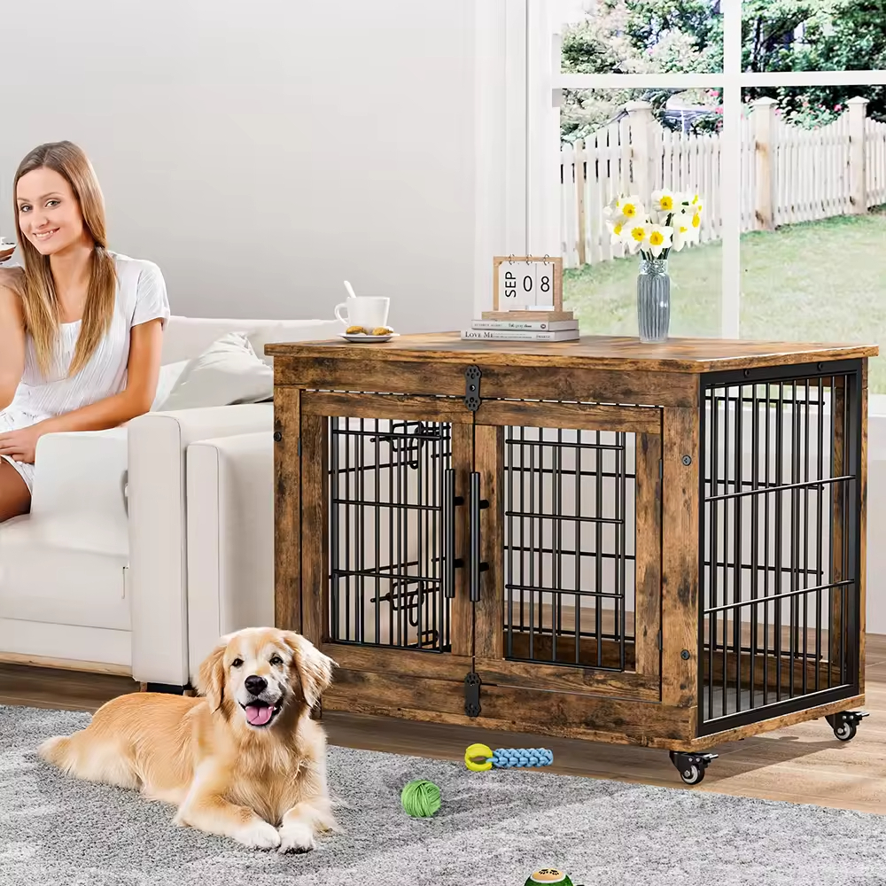 OEM&ODM Steel and Wood Large 32.5"L X 22.1"W X 25.2"H Dog Cage Metal Kennels Backyard Stackable Dog Cage Panels for Dog Crate