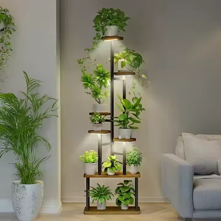Factory Customizable 39\" Tall 6-Tier Indoor Plant Stand with 3 Full Lights Metal Wood Wheel Display Rack Bookcases Bookshelves