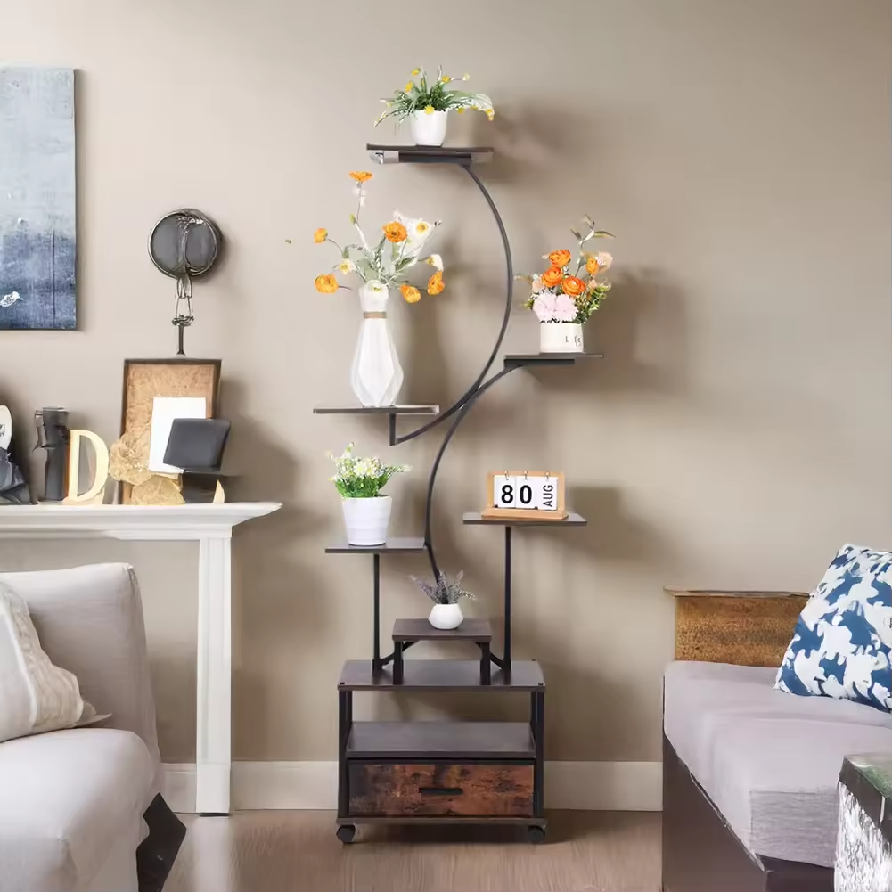 Customized 7-Tiered Indoor Tall Plant Stand Gold Finish 7-Drawer Storage OEM Customizable Metal Tree Shape Flower Pots Planters