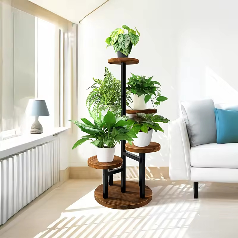 Customizable 4-Tier Metal Wood Plant Stand Tall Indoor Living Room Balcony Garden Patio; Factory-Designed Bookcases Bookshelves