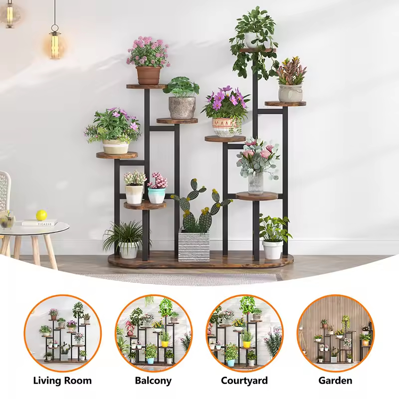 Customized Black Modern Multi-Tier Metal Wood Plant Stand Powder Coated Finish Durable Indoor/Outdoor Multi-Purpose