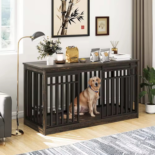 ODM&OEM Heavy Duty Wooden Dog Crate Kennel with Sliding Doors Dog Bowl Movable Sustainable Vintage Cleaning Tools Standing Type