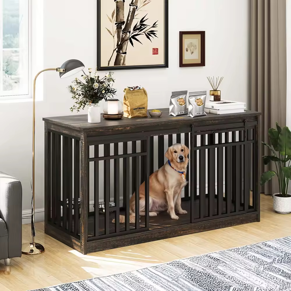 ODM&OEM Heavy Duty Wooden Dog Crate Kennel with Sliding Doors Dog Bowl Movable Sustainable Vintage Cleaning Tools Standing Type