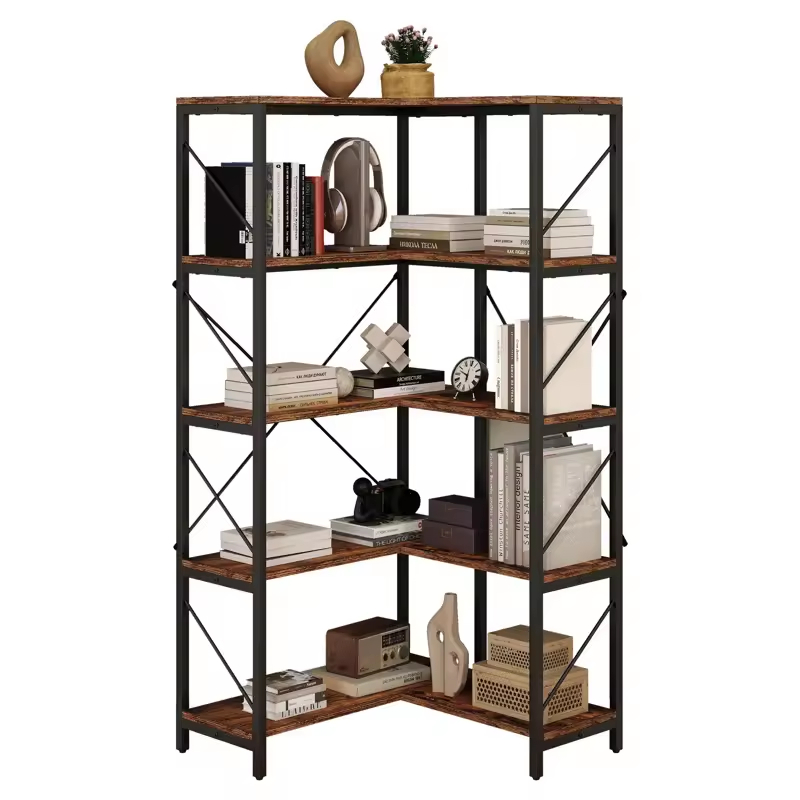 Factory Customizable 5 Tier Corner Bookshelf Large Display Rack Space-Saving Metal Wood for Living Room Bedroom Bathroom Storage