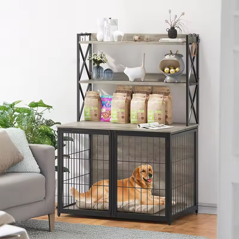 Modern Factory Custom Dog Cage Storage Shelves Furniture-Style Dog Crate Three Doors Detachable Divider Net Metal+Wood Portable
