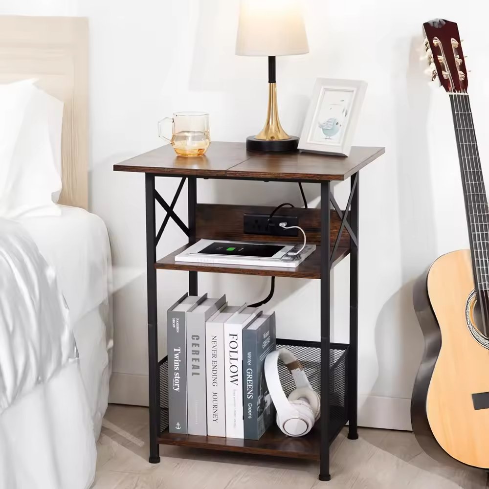Modern 3-Tier Solid Wood & Metal End Table Record Player Stand with Charging Station and Storage Cabinet for Bedroom