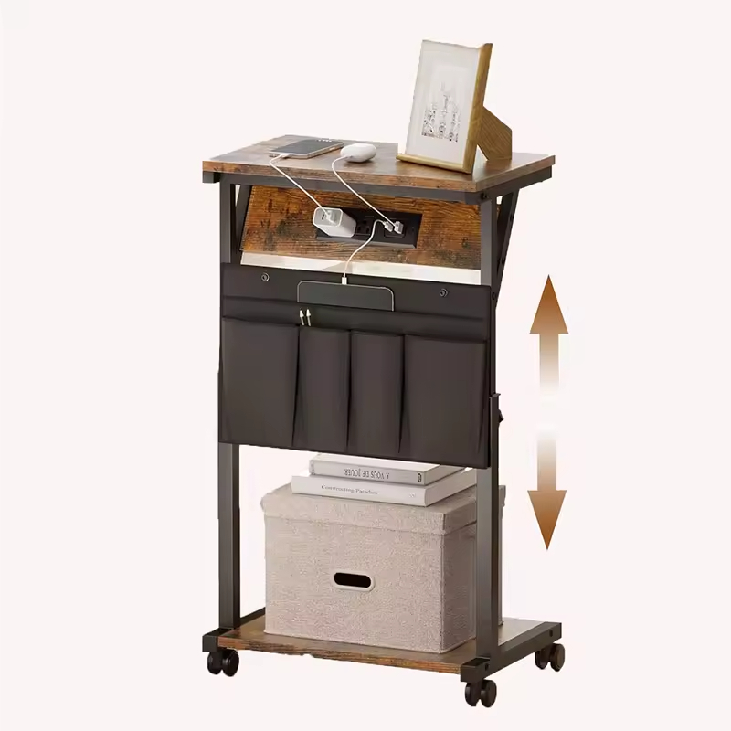 OEM&ODM Wooden Modern C Shaped Adjustable Bedroom End Table Charging Station USB Power Outlet Storage Bag for Couch Side Table