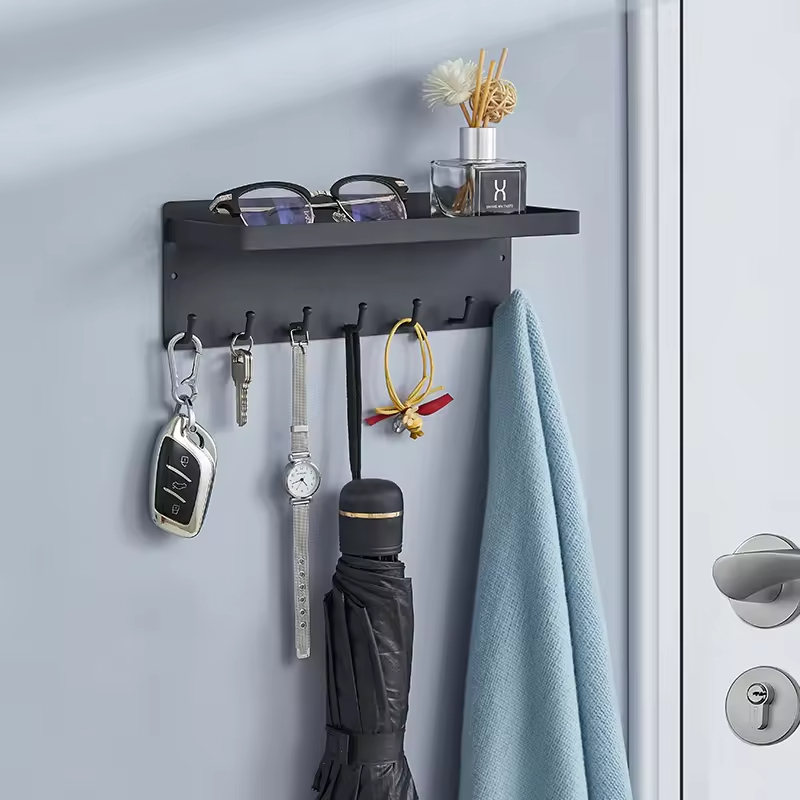 Manufacturer Wholesale Magnetic Seven Hooks Key Hanger With Tray Wall-mounted Hook Shelf Non-punch Storage Rack With Hooks