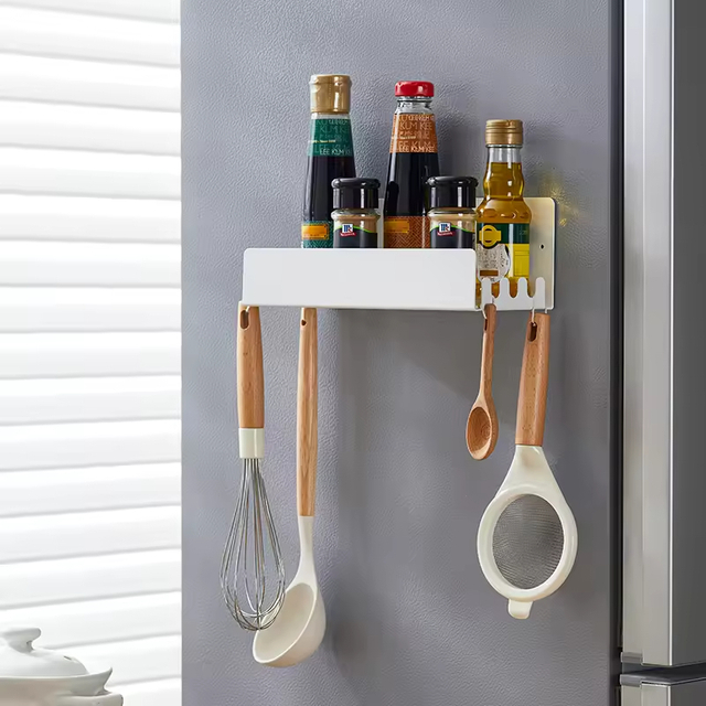 Magnetic Shelf Fridge Organizer for Spice Jars Magnet Shelves Seasoning Spice Holder With 4 Hooks Magnetic Spice Rack