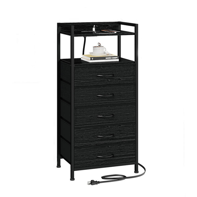 Wood Power Outlet Charging Station LED Strip Sliding Drawer