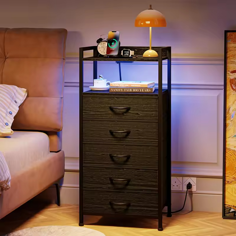 Wood Power Outlet Charging Station LED Strip Sliding Drawer