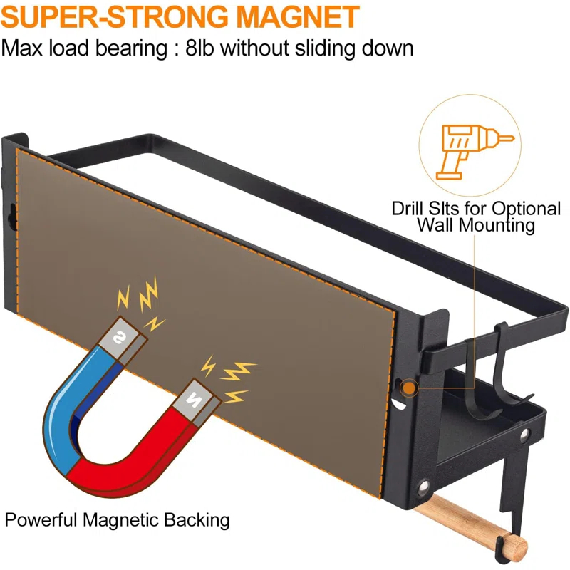 Spice Rack Magnetic Shelf, Foldable Refrigerator Magnetic Spice Holder, Wall Mounted Seasoning Organizer Hanging Spice Storage Stand With Paper Towel Holder Roll & Hook (6)