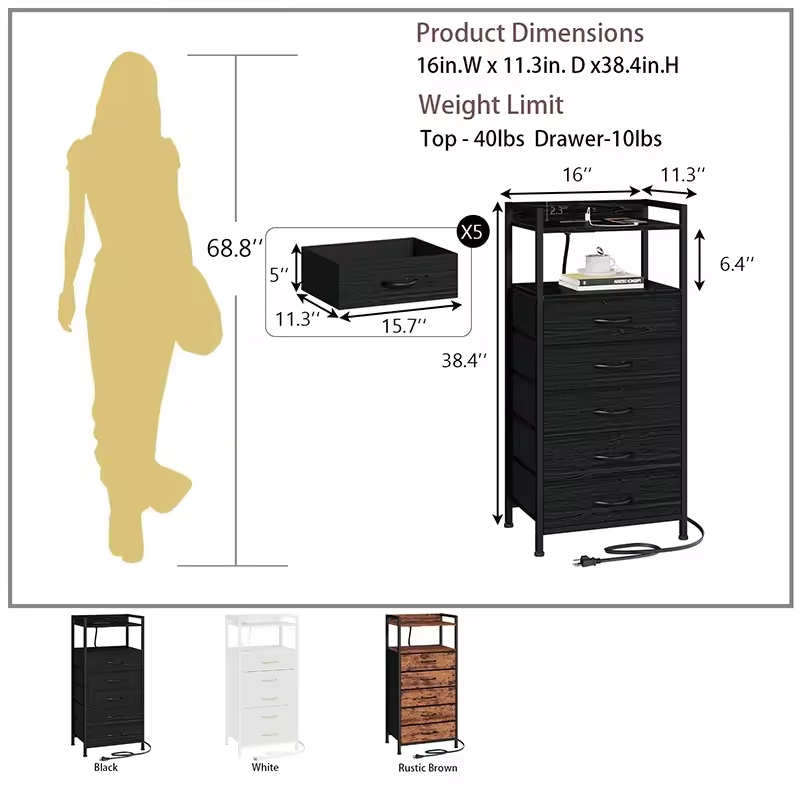 Wood Power Outlet Charging Station LED Strip Sliding Drawer