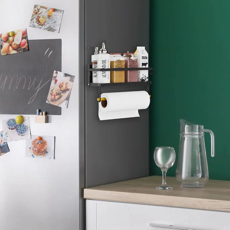 Spice Rack Magnetic Shelf, Foldable Refrigerator Magnetic Spice Holder, Wall Mounted Seasoning Organizer Hanging Spice Storage Stand With Paper Towel Holder Roll & Hook (1).jpg