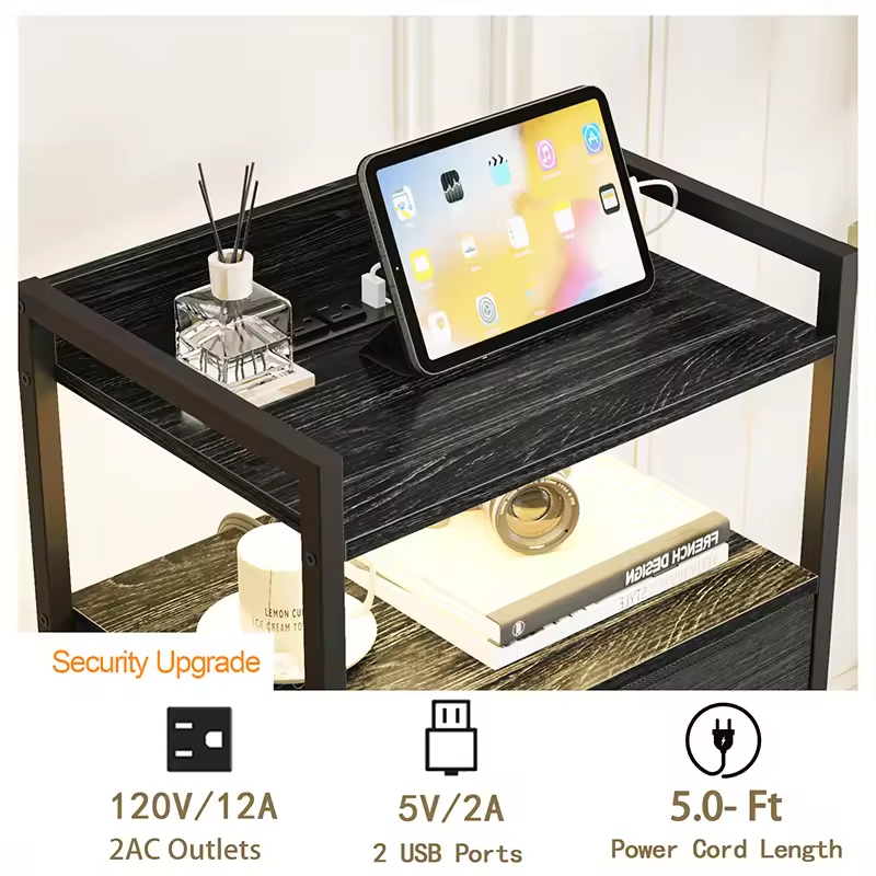 Wood Power Outlet Charging Station LED Strip Sliding Drawer