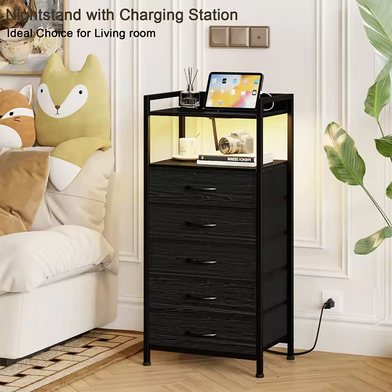 Wood Power Outlet Charging Station LED Strip Sliding Drawer